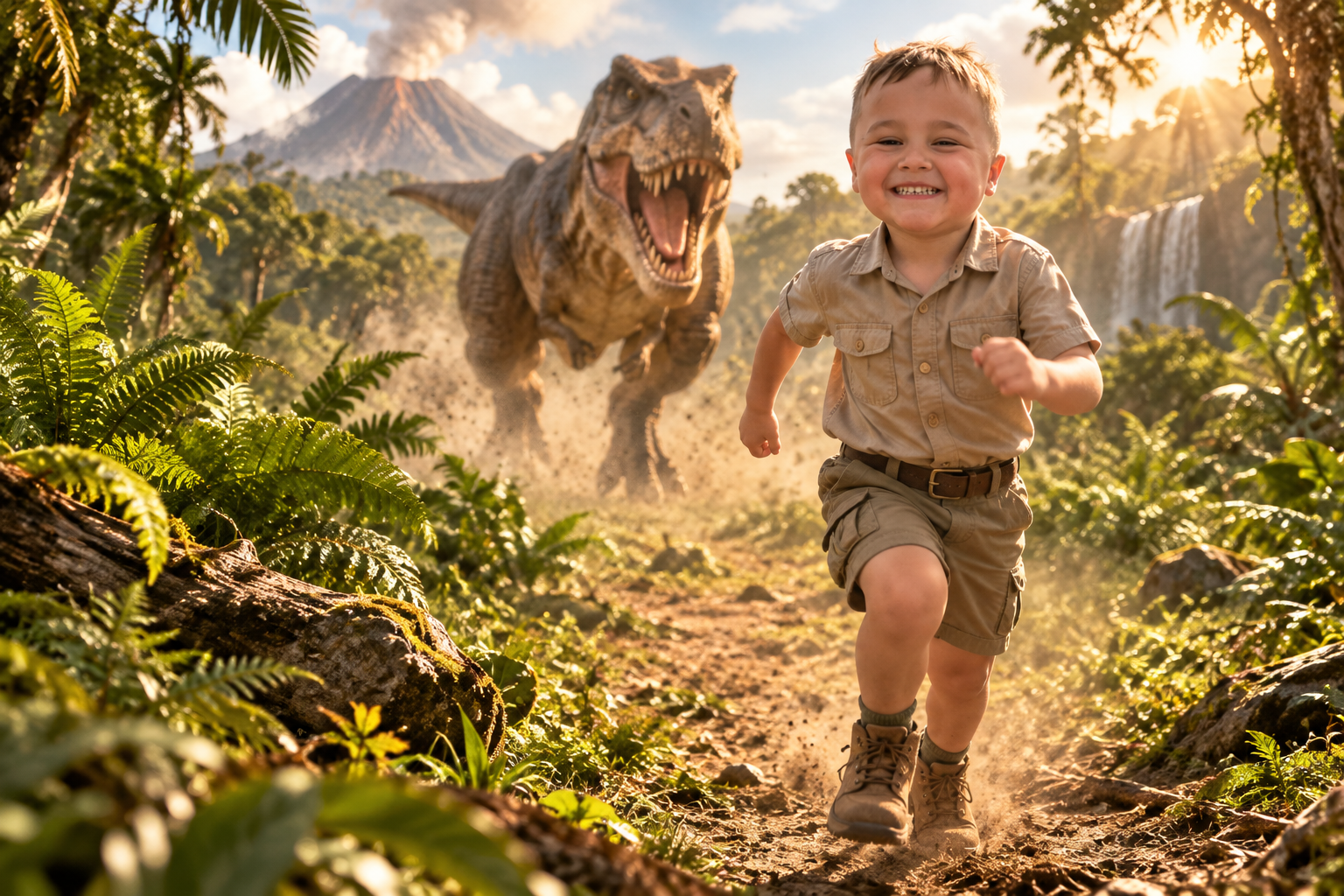 A smiling child in a safari ranger outfit running through a dinosaur adventure