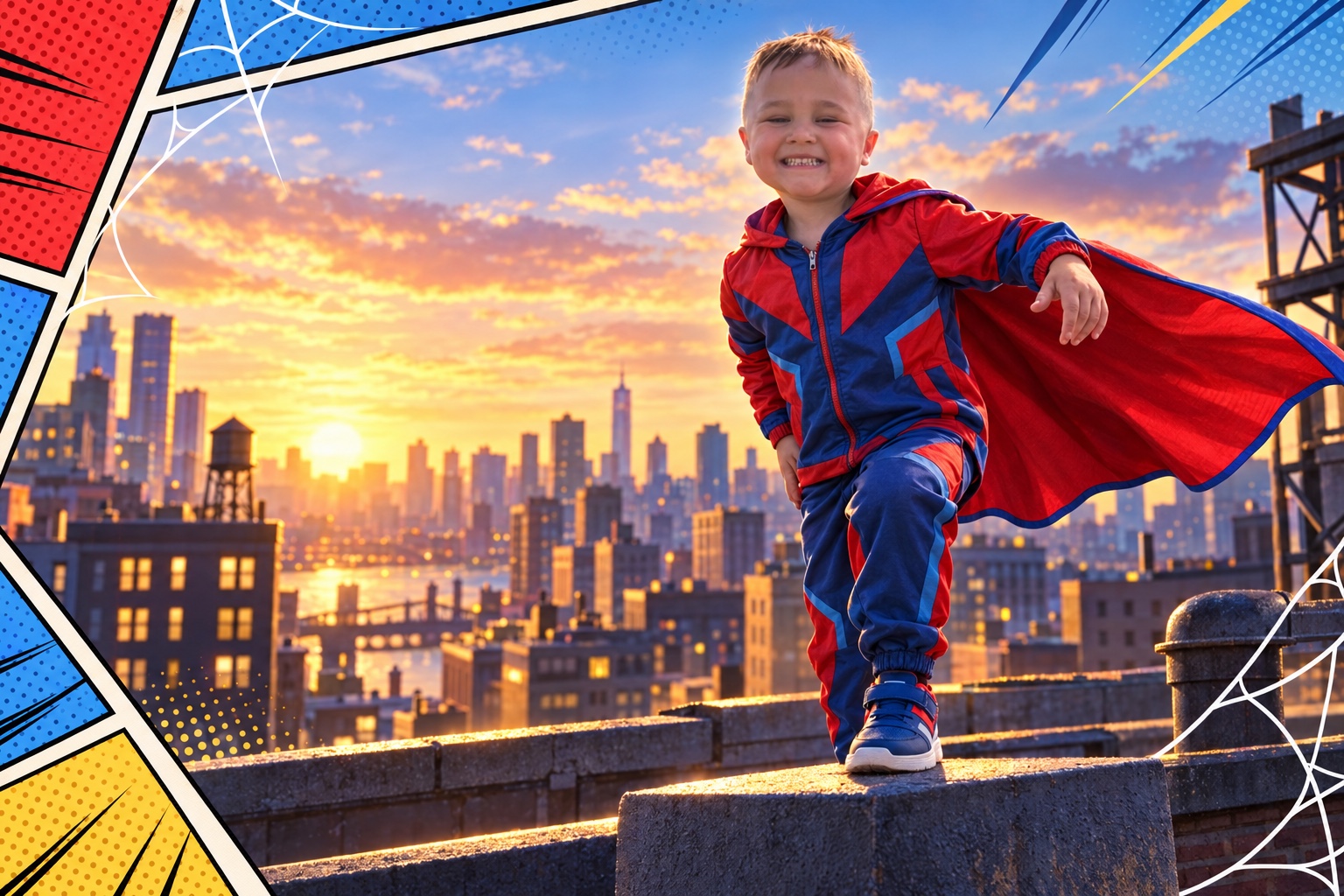 A child transformed into an original comic-book web hero